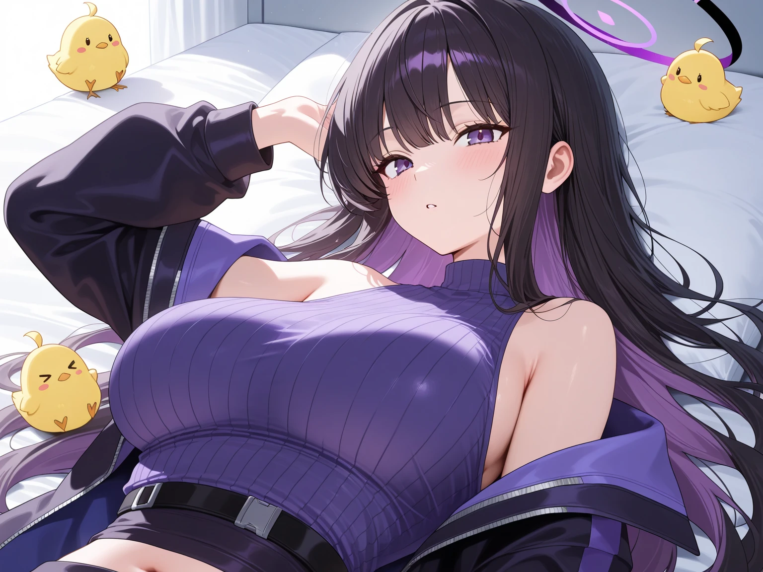 (​masterpiece、top-quality,8K, High resolution, Ultra-detailed)、独奏、1girll、Look at viewers、 (purple collared shirt、Gray jacket、Gray pants、tie hair with barrettes)、Lustrous skin、Shiny skin、Detailed skin、Silky skin