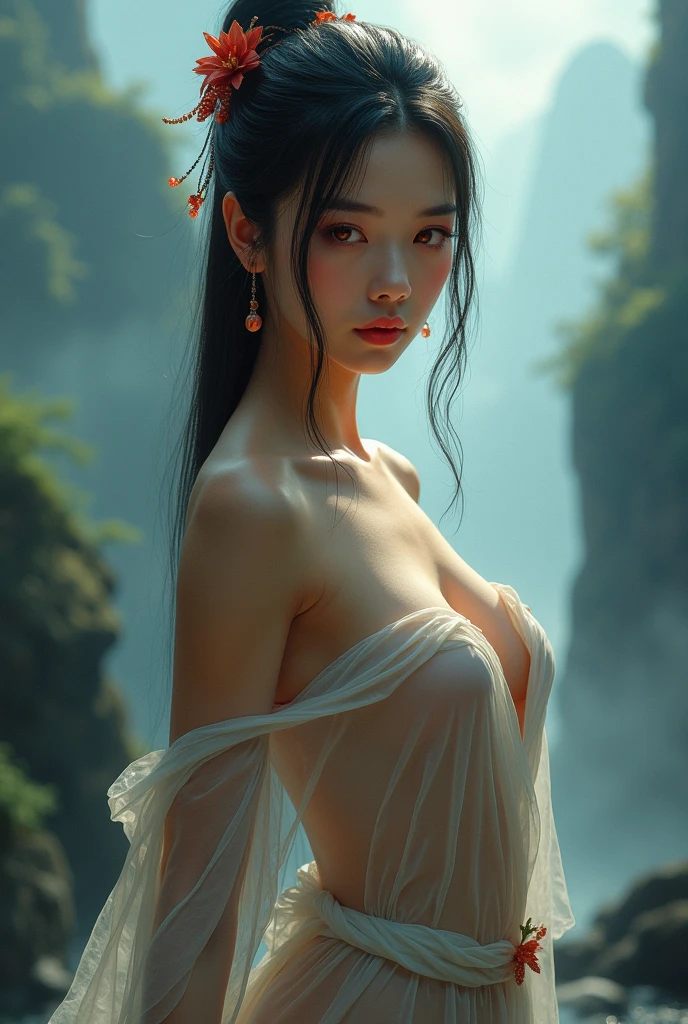 masterpiece:1.2、high resolution、High definition、Girl walking on water、whole body、Limbs、belly button、Thighs、knees、Ripples under your feet、One Girl、Cute face、Beautiful Face、Bright Face、Gravure idol、whole body:1.3、Mysterious naked、Mysterious Forest、Deep fog with white smoky background、White mist enveloping the body、Fantastic lagoon、Light source from behind、Backlight、Shade with soft lighting、Hair swaying in the wind、Mysterious naked body floating in the fog、Beautiful girl walking here、((Huge ruins floating in the background:1.3))、Huge stone ruins