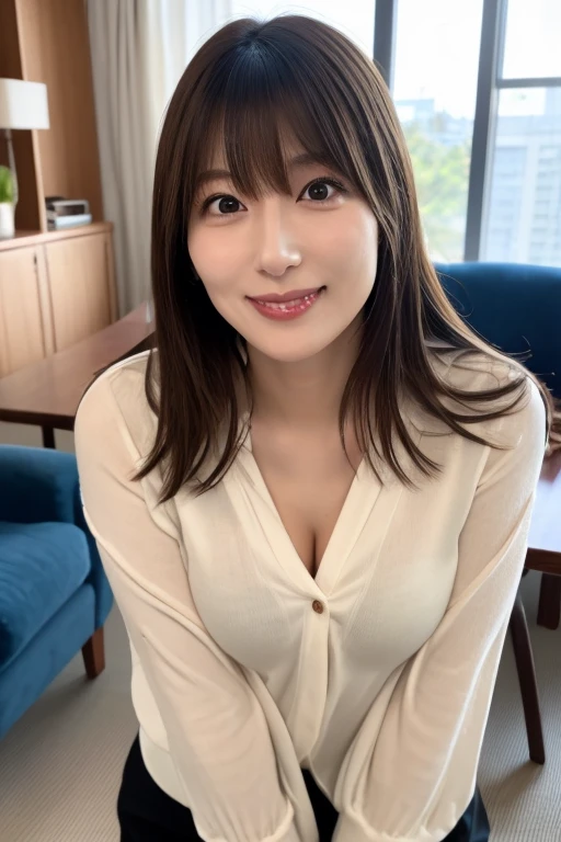 ((drooping eyes、Medium Hair、服の上からでもわかるBig Breasts、Both hands are in front of the belly button、A photo of panties visible through a short polo shirt、Roll up your shirt with your hands、She is wearing a white polo shirt and luxurious white panties.、:1.4))、In the living room、Length Cream Hair Color、Her huge breasts are obvious even through her clothes...、Small earrings、Light brown hair color、:1.4))、Shiny Hair、Light beige hair color、Background Blur、Light brown hair、{{Cowgirl Shot}}、((Close-up shot from the waist up、Big Breasts:1.4))、Big Breasts、にっこりsmile、服からでも分かるBig Breasts、Cowboy Shot、素敵なsmile、((Revealing clothing))、Full body photo、ring、Tuck your hair behind one ear、Silver Necklace、smile、Caustics、Highly detailed photos、Big Breasts、Super no makeup、(8K、RAW Photos、Highest quality、masterpiece:1.2)、(Realistic、Realistic)、1 Girl、((Big Breastsショートヘア、Looking into the camera:1.4))、Hair blowing in the wind