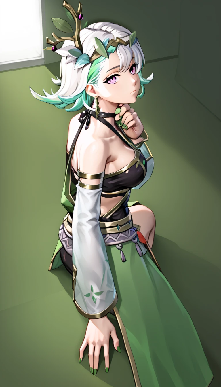 Elven Girl, unwear, Underwear, seminude, Undressing, outside of house, Looks refreshed, green colored hair, well-proportioned body