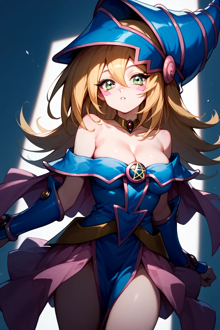 (Obra maestra:1.2), (La mejor calidad:1.2), Perfect lighting, Chica Maga Oscura lanzando un hechizo, flotando en el aire, tetas grandes, escote, blue robe, sombrero grande, desde arriba, Destellos, Yugioh Card en el fondo