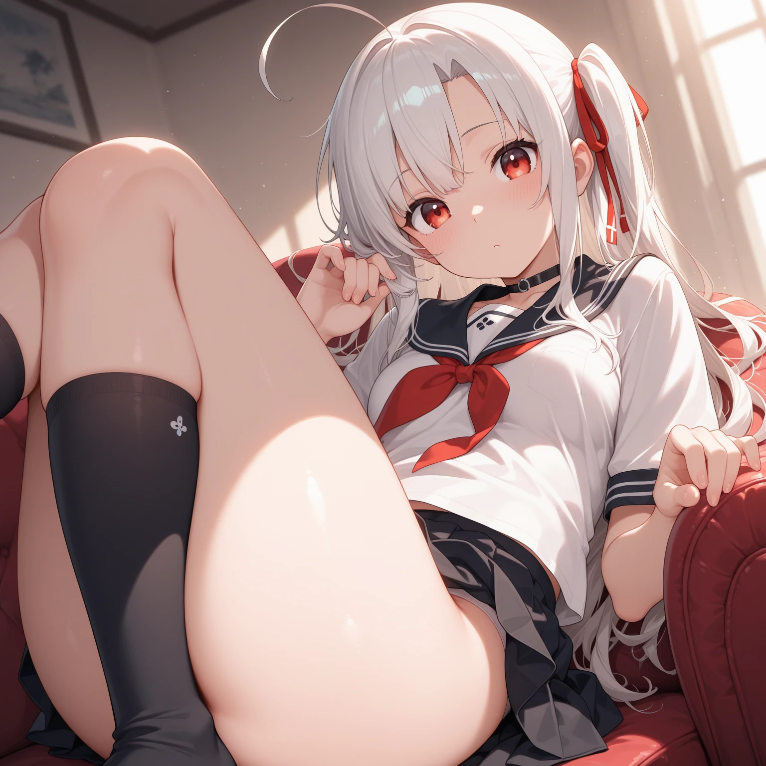 BREAK Perfect Anatomy、(High resolution:1.2)、Incredible illustrations、(Cute illustrations:1.2)、(nsfw) （Beautiful background(on the couch)

1girl((silver hair, red eyes, tan skin:1.3), slender)
 
(((blazer ,open clothes)half undress), silk underwear, garter stockings)