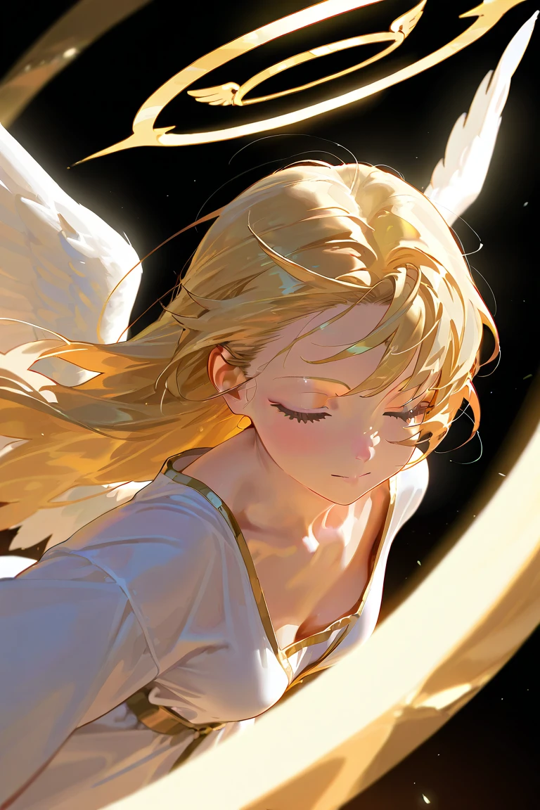 (High quality) (best quality) (A woman) (correct physiognomy) woman, long blonde hair with bangs on her forehead, four small angel wings emerge from her head, two on the left side and two on the right side, two wings of angel emerging from her back, a golden halo behind her head, golden eyes, sensitive lips, feminine appearance, soft facial features, thin eyebrows, soft skin, slightly blushed cheeks, pink lips, silky eyelashes, dreamy expression, middle age , white dress with straps on the shoulders, skirt cut diagonally leaving one leg exposed, location of the photo the woman must be in the middle of the forest, photo illuminated by sunlight, full body proportion, showing in the photo the body from head to torso

