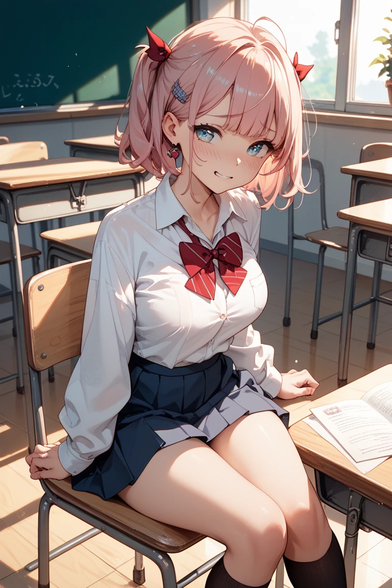 to loveるのモモ、Pink hair short cut、A plump girl in a uniform、Big 、Angle looking up from below、In the classroom、Sitting on a chair、M-shaped legs