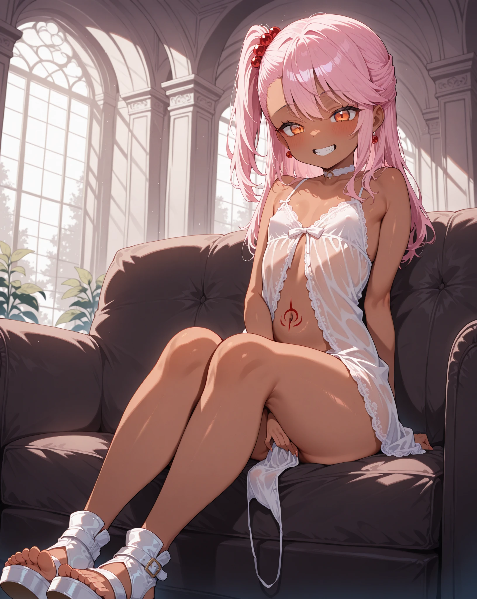 score_9, score_8_up, score_7_up, source_anime, BREAK 1girl, yunidef, purple eyes, pink hair, long hair, two side up, bangs, hair ornament, mole under mouth, pink necktie, nametag, multiple belts, high-waist shorts, black shorts, thigh strap, fingerless glove, single glove, indoors, , pov, , black footwear, blush, evil grin,, smile, untied footwear, looking down, pov torso, foreshortening, blush, open mouth, big mouth, tongue, tongue out, close up, saliva, uvula, uvula, room, mouth focus, excessive saliva, giantess, lying, closed eyes, lying in bed, , small breasts, nipples, navel, sweaty armpits, hands on stomach, hands on own stomach, sitting, crazy smile
