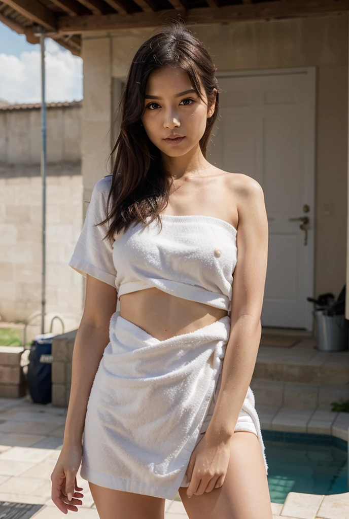 (masterpiece), (top-quality), (Tube top:1.5), (roll up Small towel:1.5), (exposed shoulders:1.5), (thin fabric:1.5), (blushed face:1.3), (barechested:1.3), (realistic:1.5), 1 , precise hands, Embarrassed look, Smile, extremely cute girl, baby face, Clear eyes, Shining eyes, small breast, No pubic hair, The beautiful skin, ultra-definition, Top resolution, in the Alley
