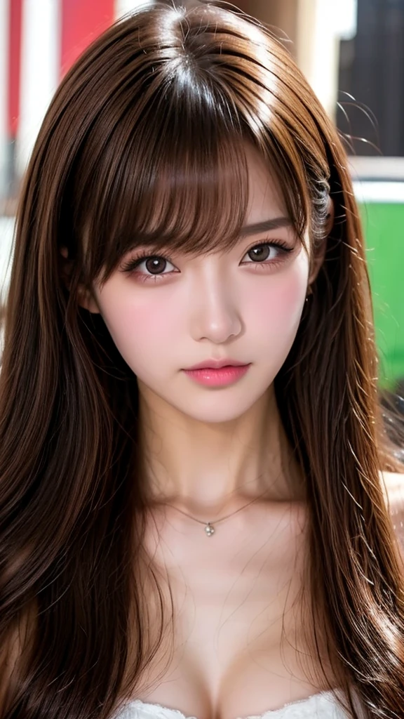 best quality, face focus, soft light, ultra high res, (photorealistic:1.4), RAW photo, 1 korean girl, solo,detailed beautiful face, (big chest),(high resolution detail of human skin texture), (long hair), indoor, red korean Dress, (portrait)big eyes,small lip,
