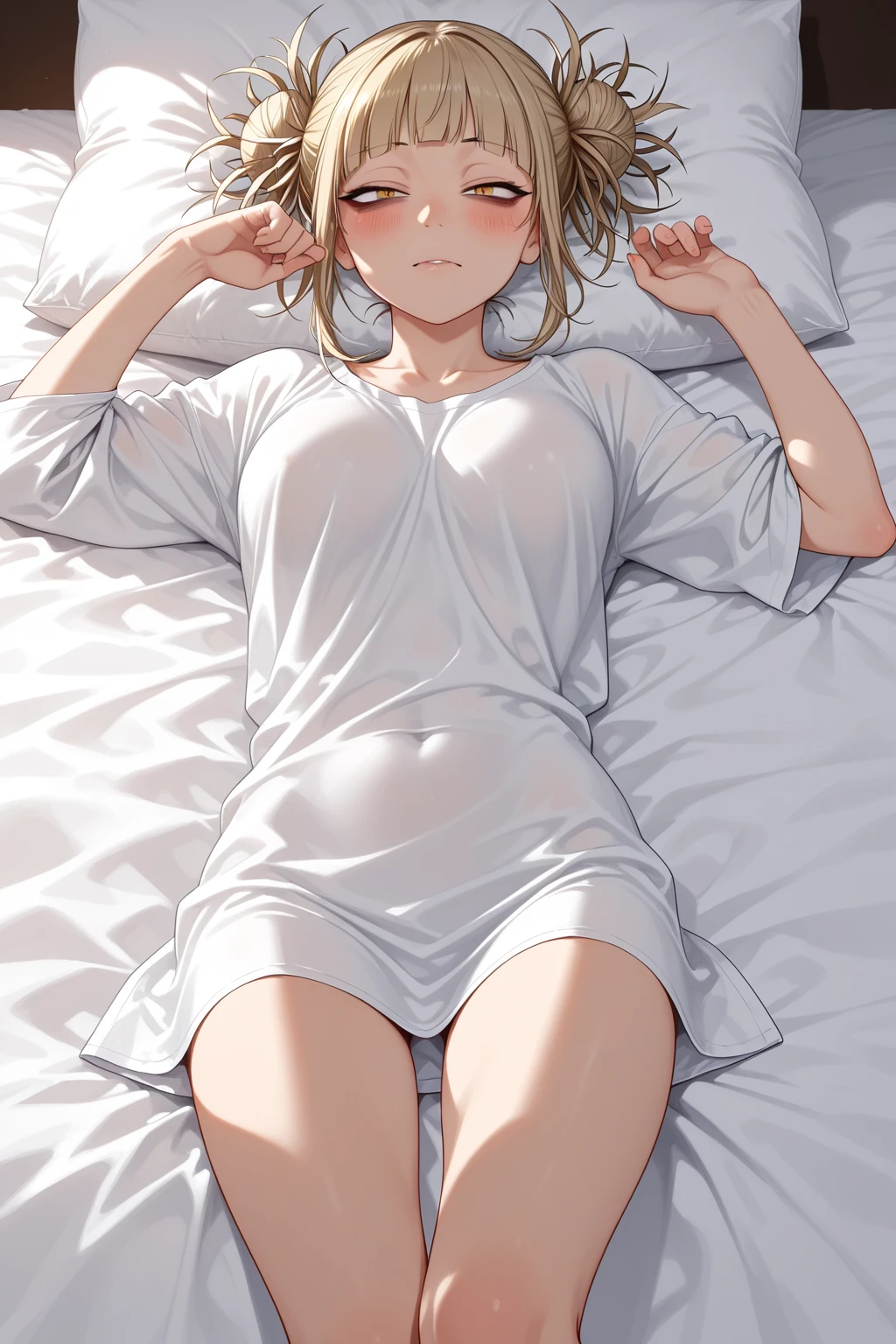 photograph of a 20 year old woman, face perfect, no clothing, lying on her bed, showing full body