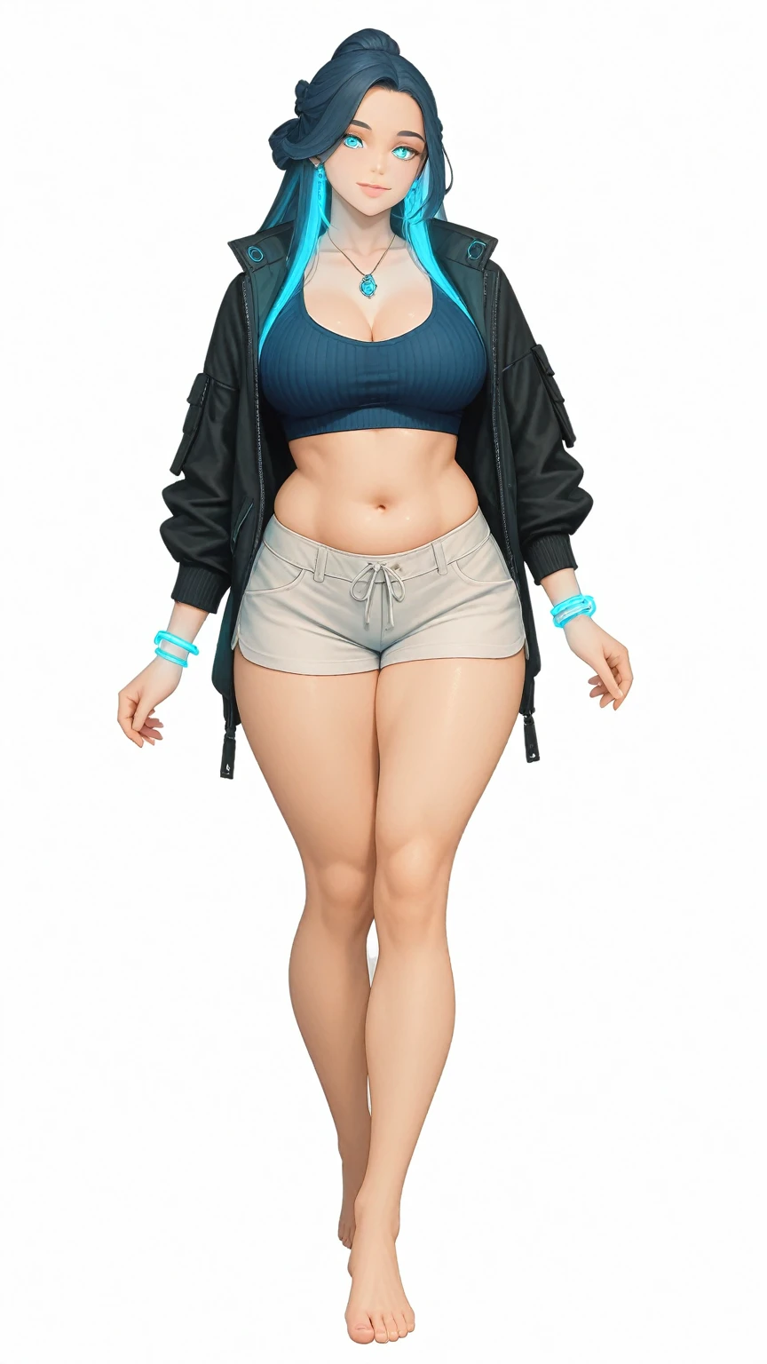 16-year-old black girl, with Maria João haircut, green eyes, large breasts, large butt, toned legs, perfect body, long t-shirt and tight shorts, pose with black background