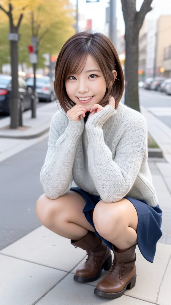 Highest quality,, Ultra-high resolution, (Realistic:1.4), RAW Photos, 1 Japanese girl, alone, cute, (A shy smile:0.5), (Brown eyes, Light in your eyes), Beautiful face in every detail, Ultra tage、squat、Pink panties、from the front、Looking up from below、Big smile