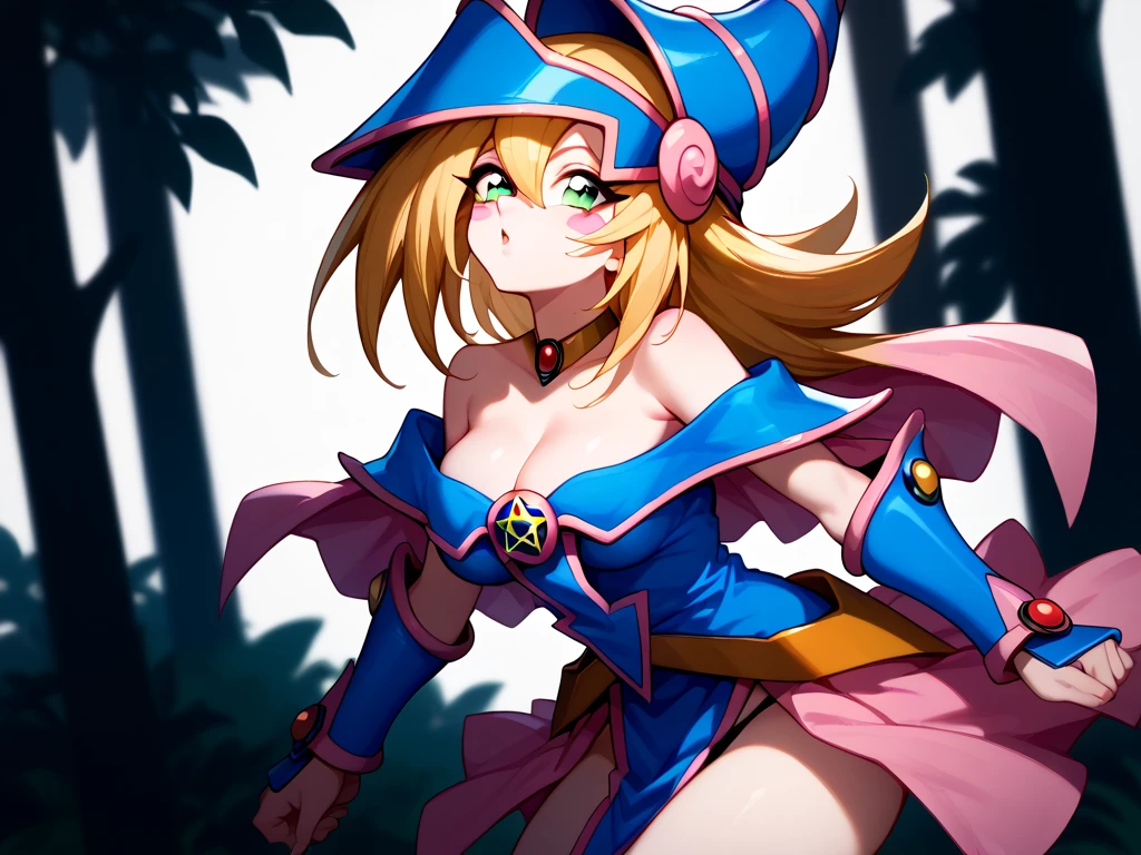 dark magician girl(afrocentric skin), mksks style, (very detailed background:1.0), (highly detailed background:1.0), masterpiece, best quality, (1girl), solo, (forest), long hair, blonde hair, blue headwear, wizard hat, spell casting, nature, trees:1.2, motion blur, magic, (moonlight:1.2), chromatic aberration, depth of field, soft lighting, highly detailed face, highly detailed eyes  