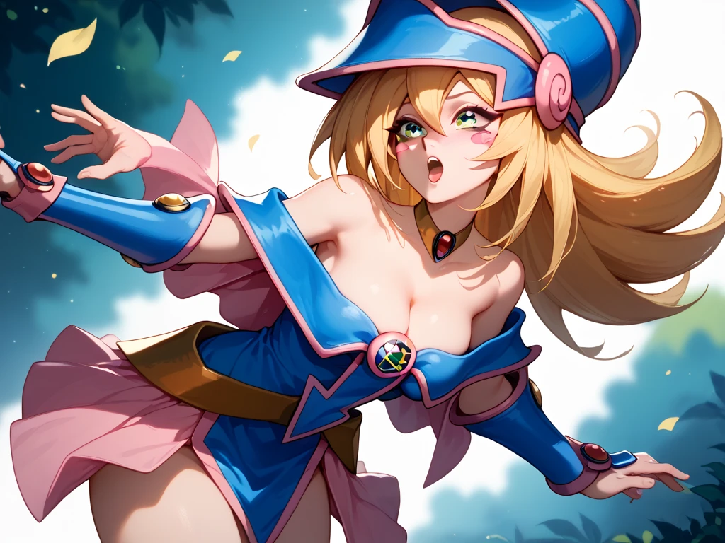1 girl, solo,masterpiece, best quality, highres, hmdmg1, wizard hat, blue boots,  magician's staff, blush, blush stickers, cleavage, bare shoulders, dress, off shoulder, blonde hair, happy, open mouth, floating, magic and fantasy background, legs up,magic auras, symbols, side view, looking at the viewer, perfect anatomy, perfect hands