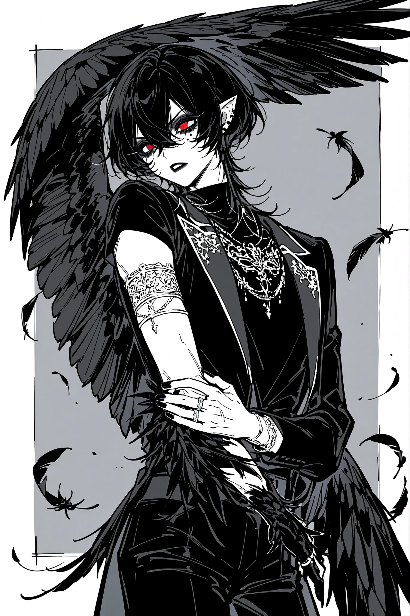 The crow beastman,crow harpy. The tall mighty middle edman broad-shouldered with masculine features. He has white skin. He has dark makeup on his face in the form of a stripe in the eye area. He has short slicken back jet-black hair,his shortcut hair was combed back. Eerily red eyes. pointed ears with black feathers. He has huge black crow wings behind his back. He has black nails with one silver wedding ring on his arm. He is dressed in male three-piece black suit: jacket , vaist, black shirt, and men's tie decorated obsidian black crow feathers. He wears a Carnival of Venice black raven half-mask on his face. He has a stern/angry expression full of hatred. On the background: Ball hall in art Deco style.