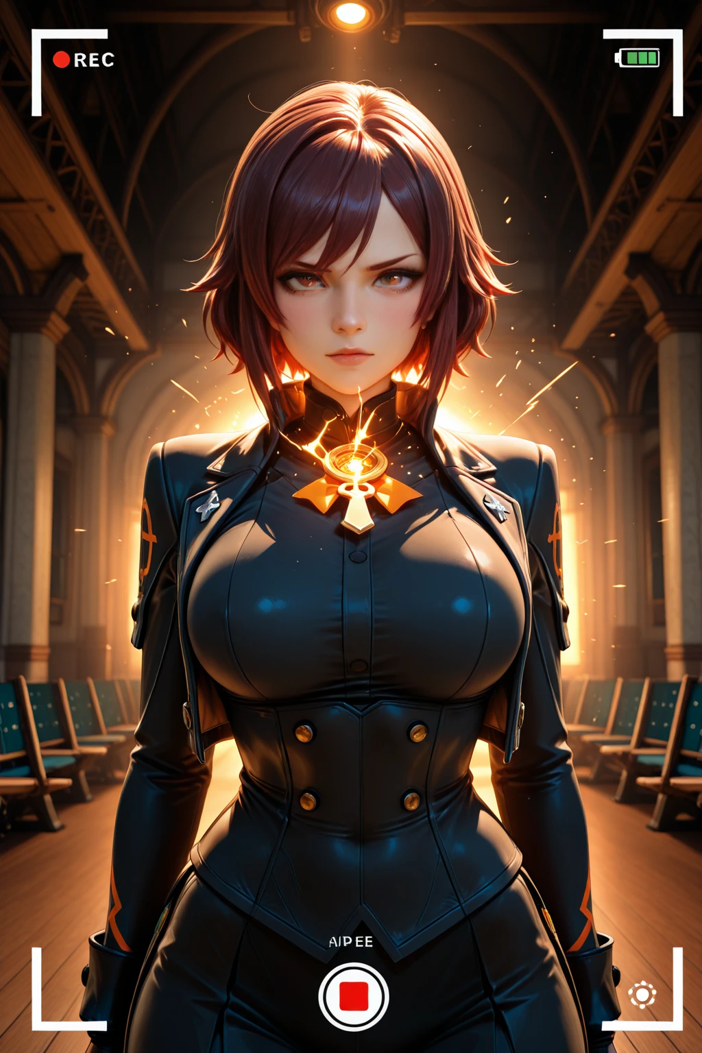 a  portrait of a angular [temptress|enchantress] waitress, edgThunderstruck, a woman with sunglasses  in armor,lightning bolt ,wearing edgThunderstruck_armor, electrified, weilding thunder, <lora:edgThunderstruck:0.725>,  perfect face, pretty face, red eyes, brown hair, very short hair, large breasts, lush detail, absurdres,