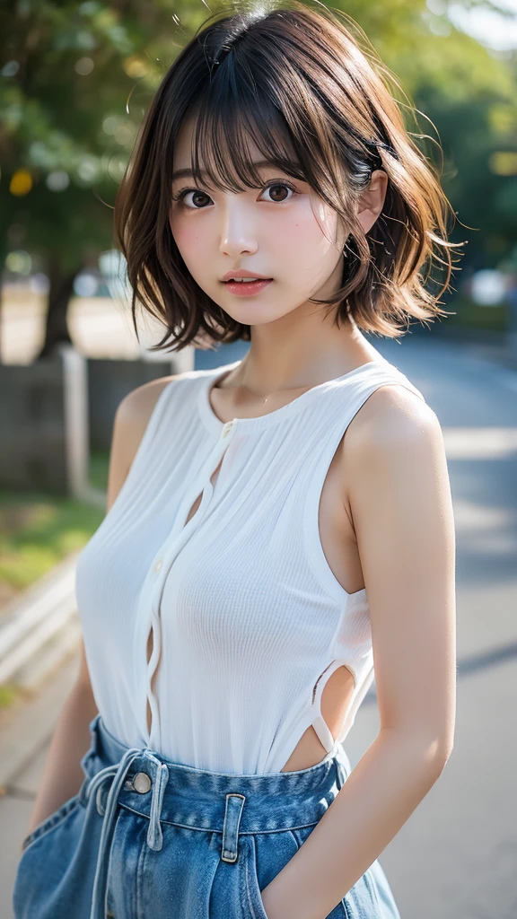 Asian, Beautiful, slender, Cute, 30s, Beautiful face, Beautiful skin, actress, Mature, Upper body, light brown hair, Fine hair, Live action, masutepiece, Best Quality, Very elaborate CG Unity 8K wallpaper, Ultra high definition, Casual Fashion, Lighting, Summer Fashion, (Natural brown hair: 0.8), (Puffy eyes), looking at audience, Turn around, Bleach Hair, model poses, White background, Delicate skin type, Fine curly hair, Hands around the mouth, White T-shirt, Hair model photography