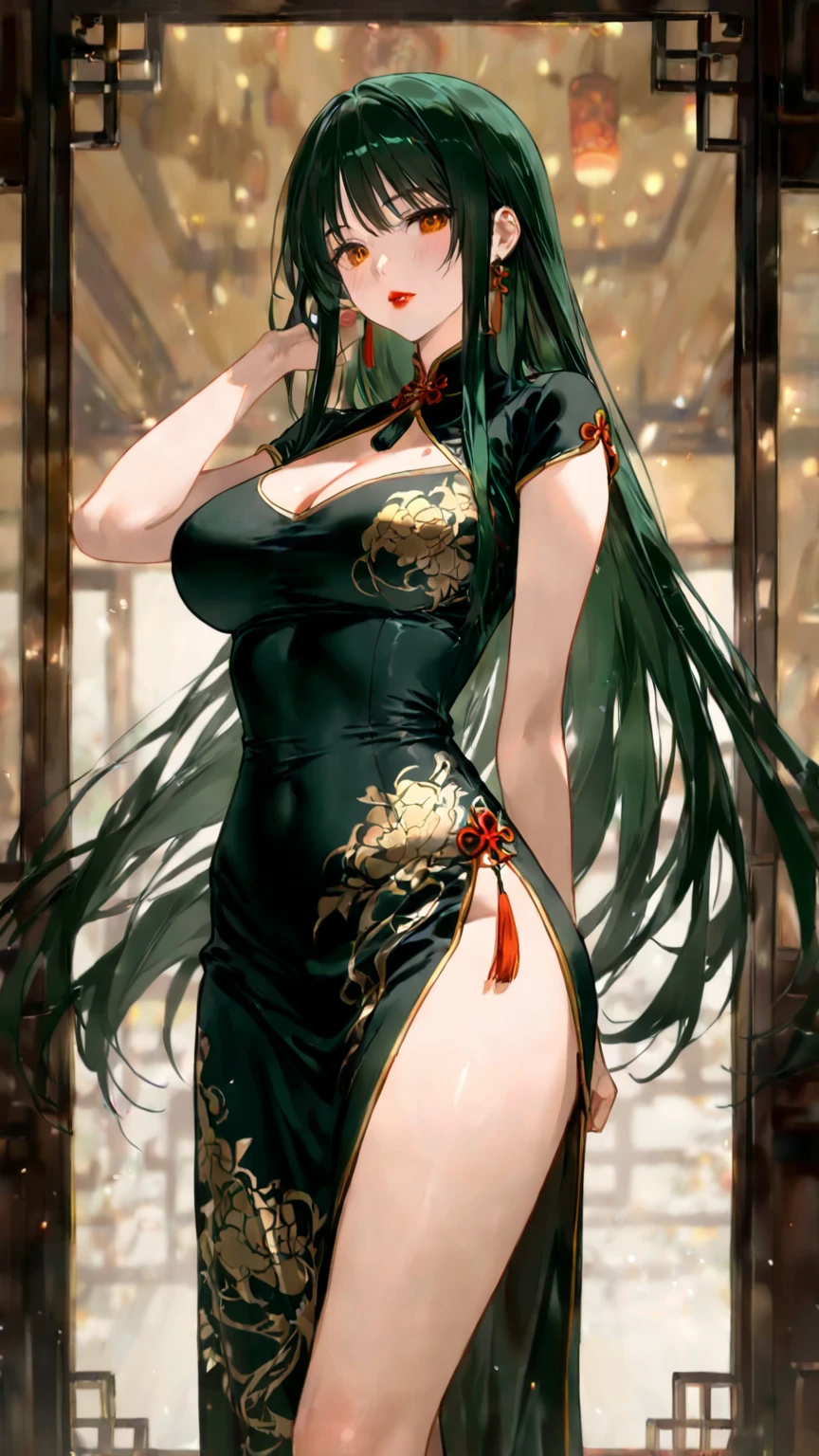 1girl, solo, long hair, breasts, looking at viewer, blush, bangs, large breasts, black hair, red eyes, dress, holding, bare shoulders, jewelry, very long hair, tail, multicolored hair, cowboy shot, earrings, parted lips, horns, sleeveless, pointy ears, hair over one eye, arm up, bracelet, from side, two-tone hair, official alternate costume, streaked hair, bare arms, clothing cutout, sleeveless dress, colored skin, chinese clothes, cleavage cutout, china dress, pelvic curtain, dragon horns, green dress, dragon girl, dragon tail, tassel earrings, tail through clothes, dusk \(arknights\)
