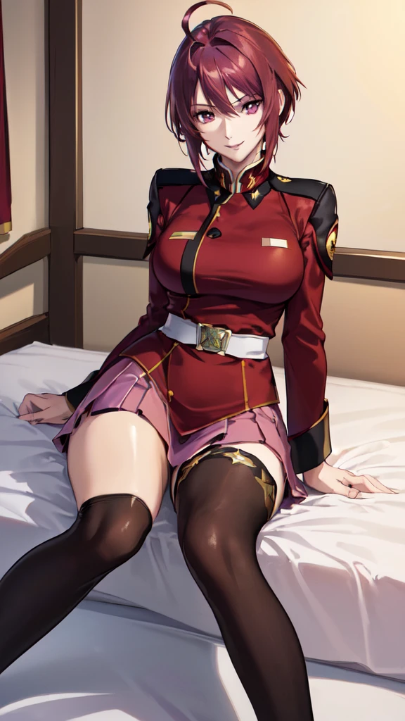 masterpiece, best quality, highres, 1girl, solo, lift pink skirt, military uniform, short hair, ahoge, black thighhighs, red hair, purple eyes, purple hair, long sleeves, blush, full shot, Studio Soft Light, Rim Lights, vibrant detail, super detailing, realistic skin textures, Detail Face, Beautiful detail eyes,
((from front,front face)),
(spread legs:1.5),m legs,arms behind back,
on the bed,