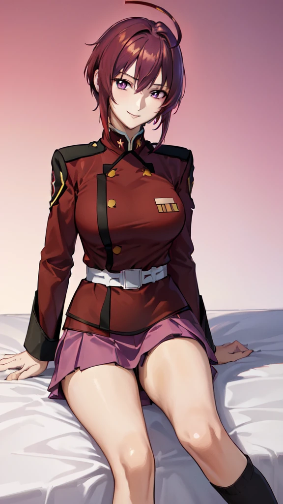 Zettai ryouiki,sitting,beautiful thighs ,((masterpiece)), ((highest quality)), ((Super detailed)), 8k, 16k, Beautiful face in every detail, Beautiful eyes in every detail, sl1, One girl, short hair, Redhead, Ahoge, Long sleeve, uniform, Pink Skirt, Big Breasts, Expressionless, Combat Stance, Research Room, looking at viewer,