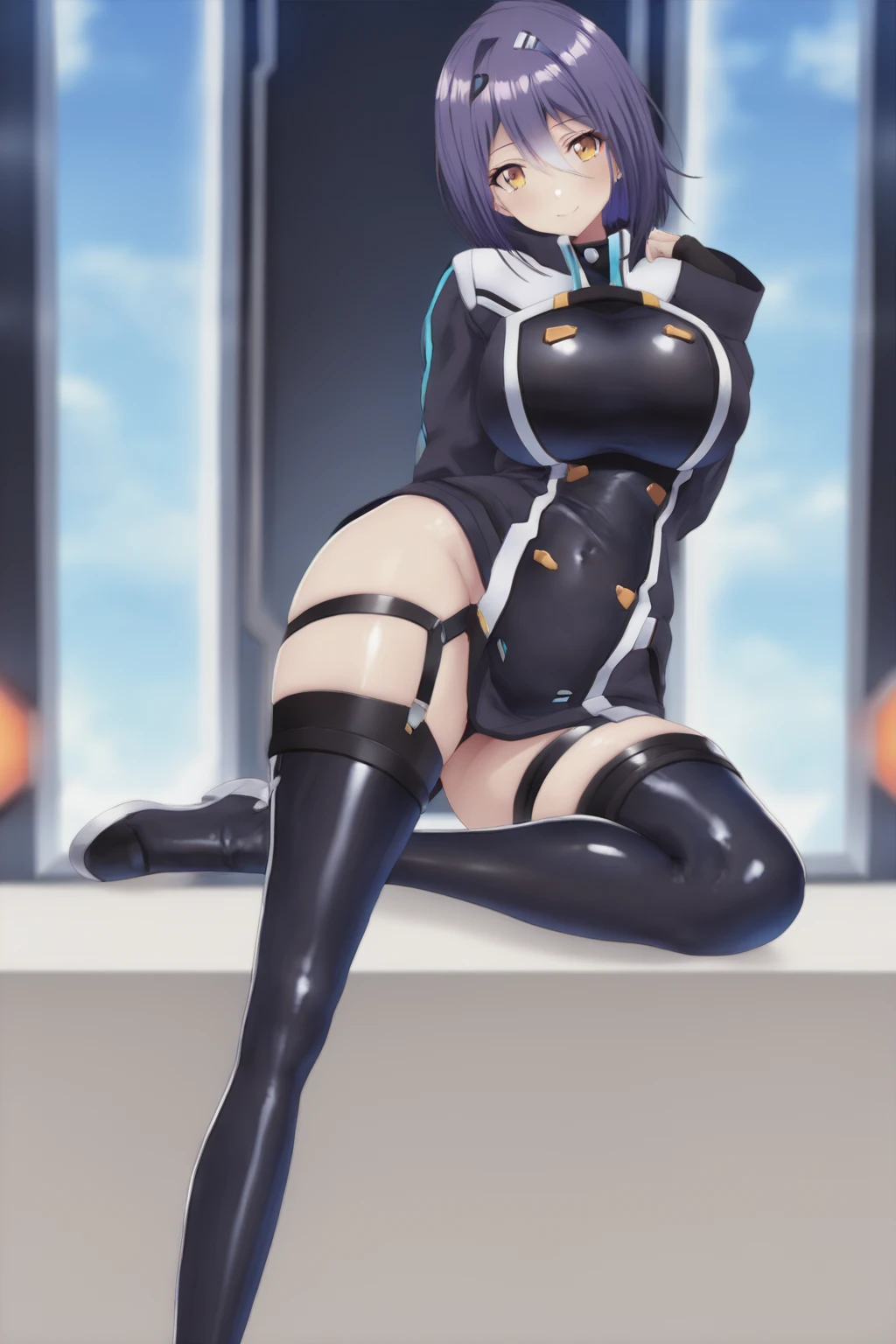 (chibi, deformed, thick outlines), ((green eyes, long wavy light blue hair, visible ears, hime cut, blunt bangs, parted hair, sidelocks, thick eyelashes, narrow waist, thick thighs, large breasts, huge breasts, blue eyebrows, thin eyebrows, mascara, nail polish, black nails, thick body proportions, necklace, lace trim, thigh strap, leg strap, thigh holster, detached sleeves, scifi armor skirt, cleavage, pantyhose)), (((science fiction, futuristic, solo, 1girl, stationary restraints, vaginal object insertion, sex machine))),
