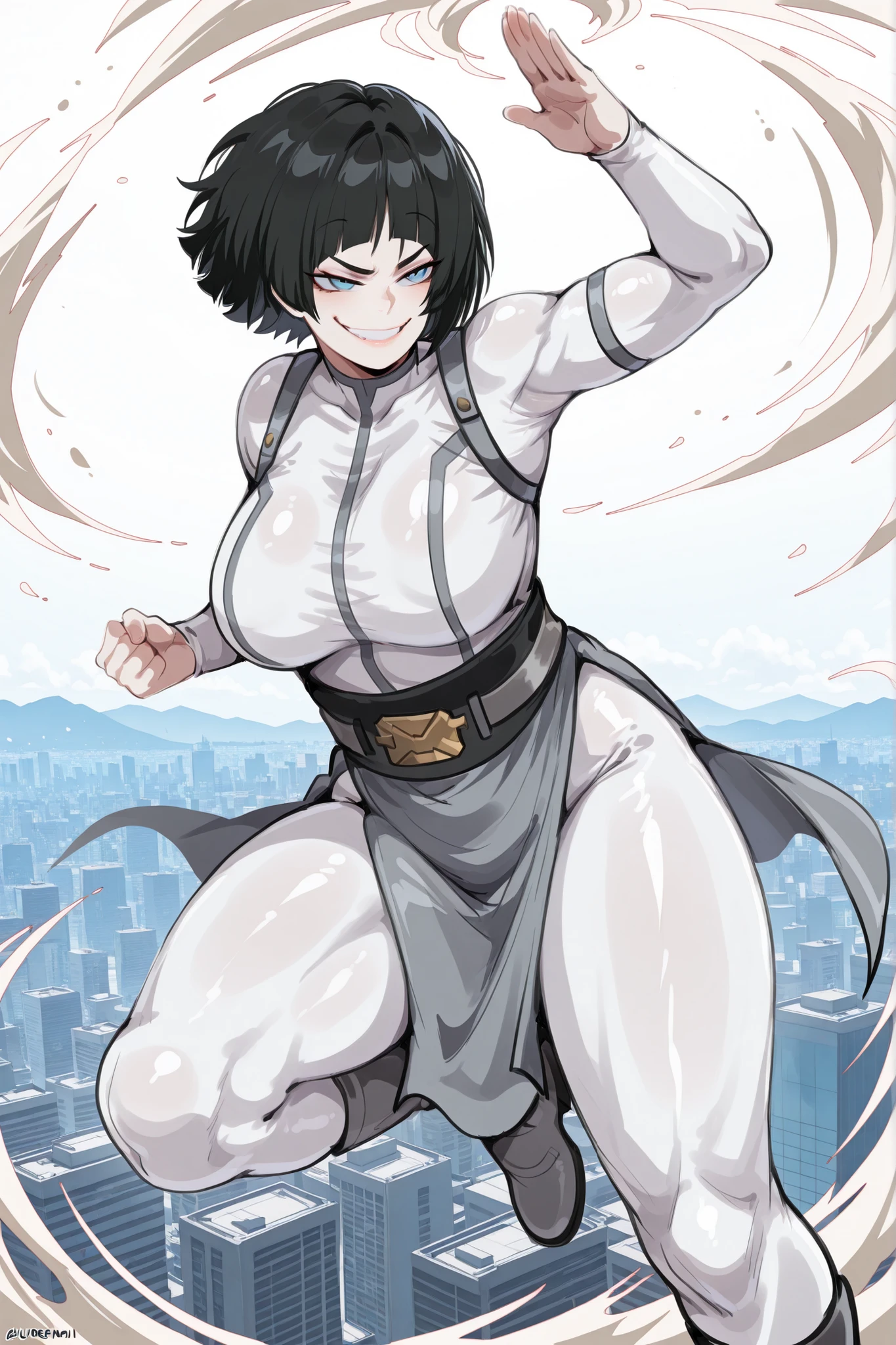 kurenaiz, masterpiece, best quality, amazing quality, very aesthetic, high resolution, ultra-detailed, absurdres, newest, 1girl, solo, black hair, short hair, bob hairstyle, blue eyes, evil smile, viltrumite_bodysuit, white bodysuit, grey trim, loincloth, gray boots, toned, dynamic pose, attacking position, in the air, flying, wind effect, city, BREAK,