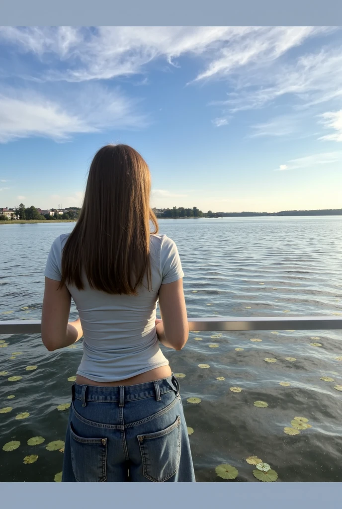 back view, woman fishing, sitting center on a pontoon, aged 30, lake and forest background, full body, lowleg panties, t-shirt, long brown hair, from back side, cinematic atmosphere, feminine, ultra-sharp, high resolution, imperfect skin, natural skin, wide angle shot