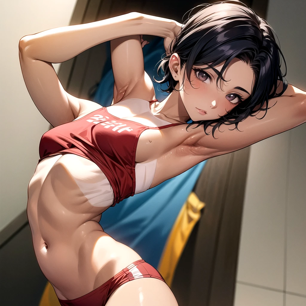 nsfw,Completely naked、((masterpiece, 最high quality, Super Definition, High resolution)), Sony a7, Film Grain, Dark Night, Realistic, One-point perspective, Diffuse Reflection, Colorful shiny particles, Lens flare, Soft lighting, (Slender and muscular、Japanese women with thin limbs, 22 years old), Please raise your hand:1.1, ((Armpits are visible,Center front body shot from head to navel:1.5)), Remember, Dark brown short ponytail hair, Highly detailed face, fine grain, Detailed lips, single eyelid, ((Very small breasts:1.7)),((Beach volleyball court:1.2)), The audience gets excited, Serious face, high quality, 4K, Updo,(Broad shoulders:1.25),((Fine abdominal muscles:1.4)),(slim short torso:1.3),