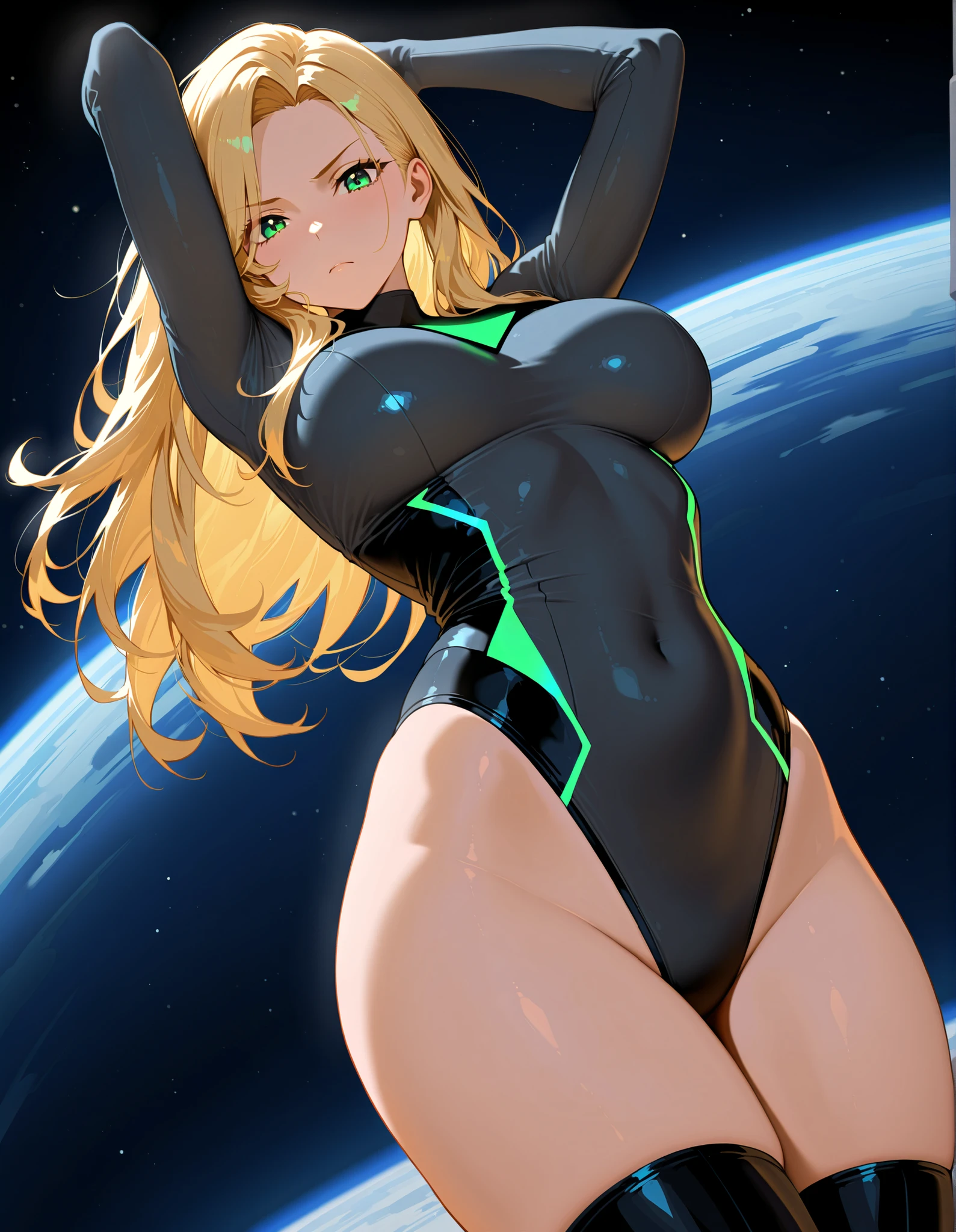 (best quality,4k,8k,highres,masterpiece:1.2),ultra-detailed,physically-based rendering,vivid colors,hdr,studio lighting,kaleidoscopic colors,sharp focus,beautiful girl, beautiful detailed eyes,beautiful detailed lips,extremely detailed eyes and face,long eyelashes,fit slim body,curvy figure,long and slender legs,busty with pointed nipples,predatory eyes,floats semi-naked in space,cosmic background,photorealistic,science fiction,glowing galaxy