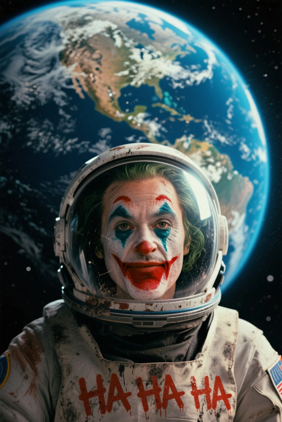 A space-faring clown with futuristic makeup, green cosmic smoke rising from his face, and high-tech attire. The background is a dark, starry galaxy.