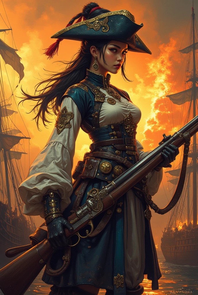 a portrait of a woman vampire pirate queen on a pirate ship ready for battle, ((full body: 1.5)), ((anatomically correct: 1.5)), (ultra detailed face: 1.2), looking tense, looking dangerous, dynamic eye color, glowing eyes, dynamic hair color, dynamic hair style dynamic skin complexion, wearing 18th century white button shirt, with ((stains of blood: 1.3)), busty , wearing wearing high heeled boots, it is night time at sea, moon is high, some clouds,18th century pirate ship background, vibrant, Ultra-high resolution, High Contrast, (masterpiece:1.5), highest quality, Best aesthetics), best details, best quality, highres, 16k, (ultra detailed: 1.5), masterpiece, best quality, (extremely detailed) RAW, (ultra details, Masterpiece, best quality), Hyperrealism style, holding sword, Intense gaze, holding sword rapier, vampire teeth, BloodSoakedAI, holding sword, Dark Art Painting Style