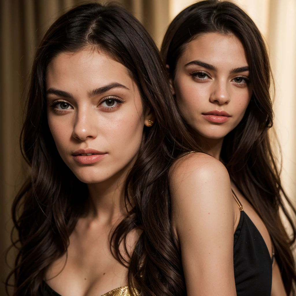 Serbian woman with two heads, brunette hair and brown eyes, beautiful, young adult, 2heads, two-headed.