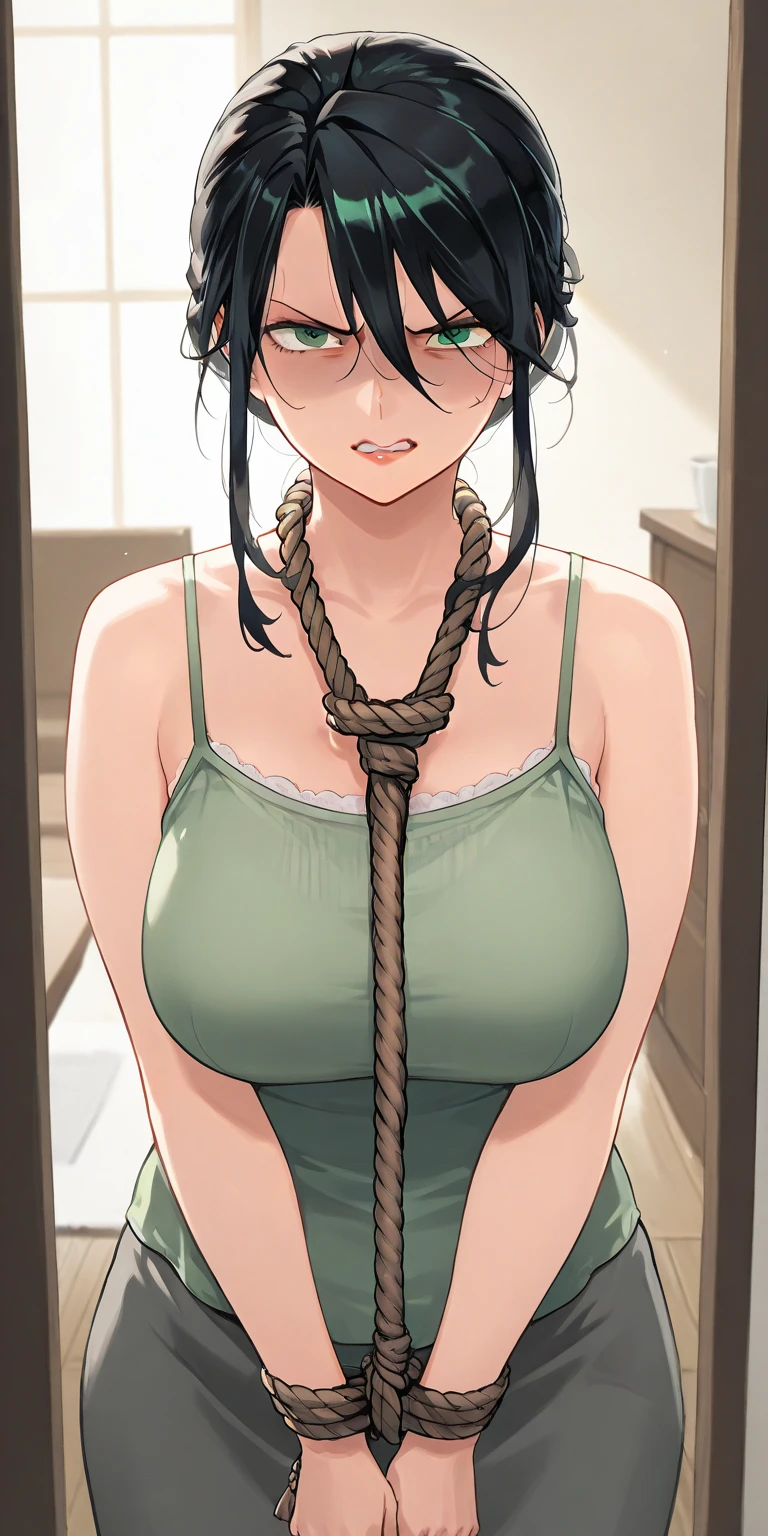 masutepiece, Best Quality, (Very detailed CG Unity 8K wallpaper) (Best Quality), (Best Illustration), (Best Shadows), Miku Nakano, Brown hair, Blue eyes, classroom, Beautiful detailed eyes, looking at viewer,(Blue Cardigan),happy,embarrassed,,bound with an excessive amount of ropes), (bound wirsts), (arms behind back), (tapegag, tape gag), dramatic, (looking at viewer), (detailed pupils:1.3) masterpiece, (best quality), perfect eyes, bound, bondage, (arms behind back:1.4), bdsm, tape gag, rope, rope bondage, close-up, restrained,curled up, best anatomy, full body, standing,high-waist skirt, long skirt, green skirt, pencil skirt