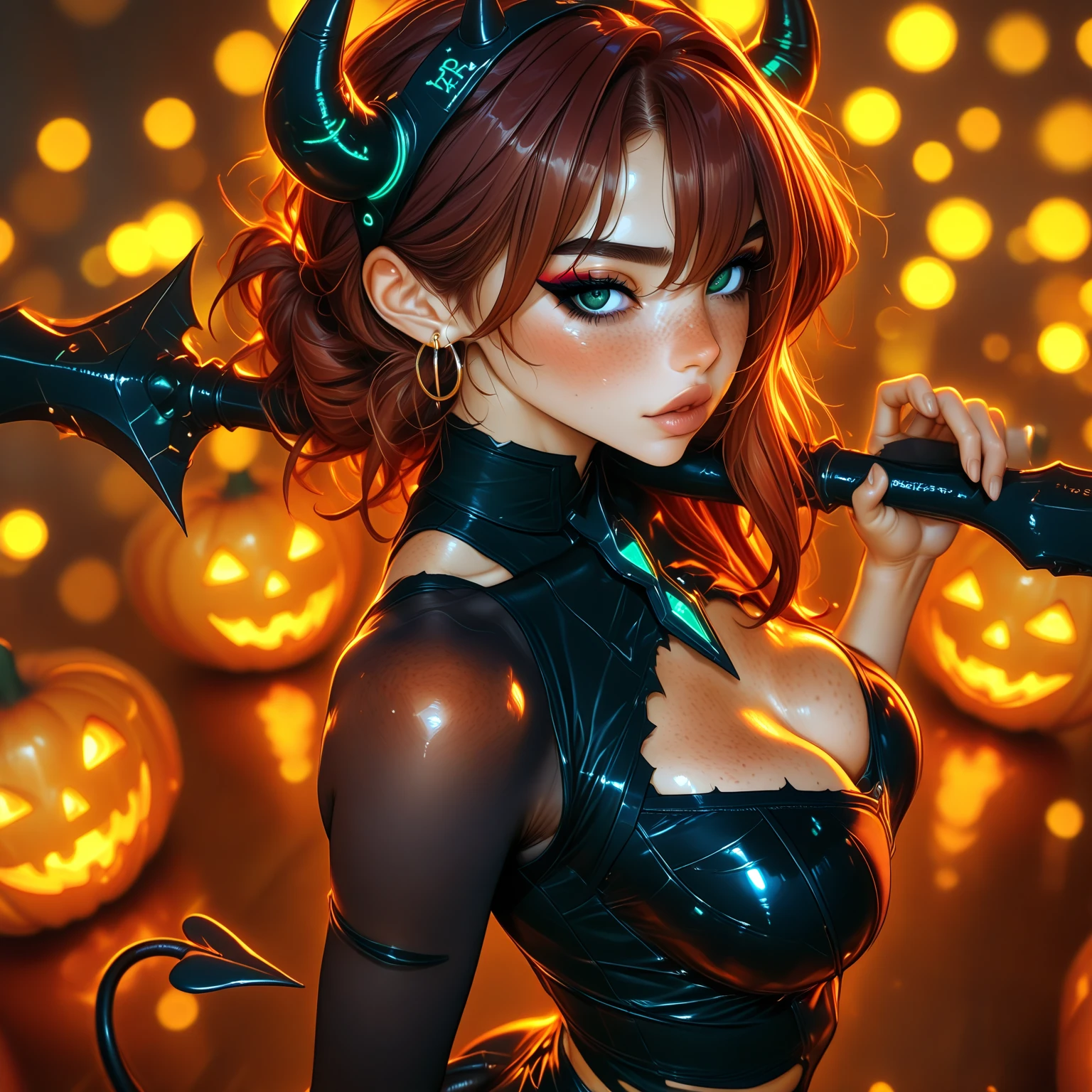 NSFW, ((masterpiece, best quality, extremely detailed, absurdres)),Please draw a realistic, high-definition animated illustration. The theme is Halloween, and the main character is a cute girl wearing a pumpkin on her head. She is dressed in her underwear, but her face is well hidden by the pumpkin mask and she is shyly posing in a cute pose. The background depicts cute monsters such as ghosts, bats, and jolly skeletons enjoying the Halloween festivities with snack candy. Decorated with lanterns, spider webs, and Halloween decorations, the background has a bright and lively atmosphere. The style has a dramatic touch, with deep shadows and a storybook feel, yet still retaining elements of animation. --sexy, --erotic, --adult, --underwear, --pumpkin head, --snack candy