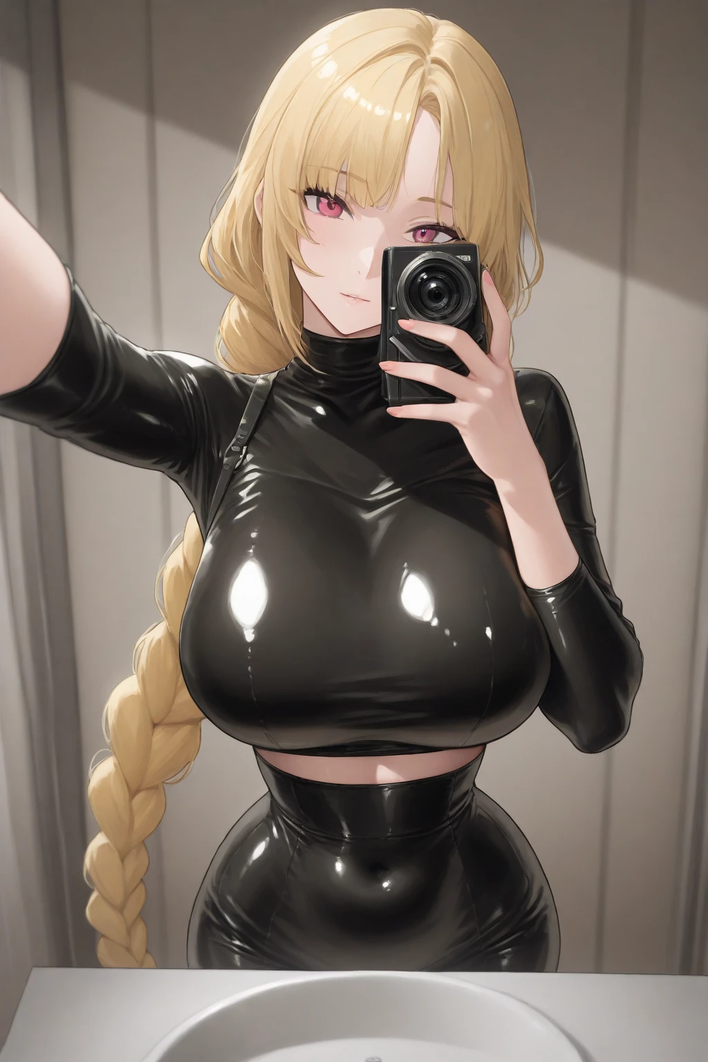 Masterpiece, high quality. many details, blonde (twin braids with turquoise tips) woman bends forward, with one hand she pulls up her tight black top and shows her breasts, bare breasts, she wears leggings (transparent 0.9), in the gym, in front of a mirror, sweaty 