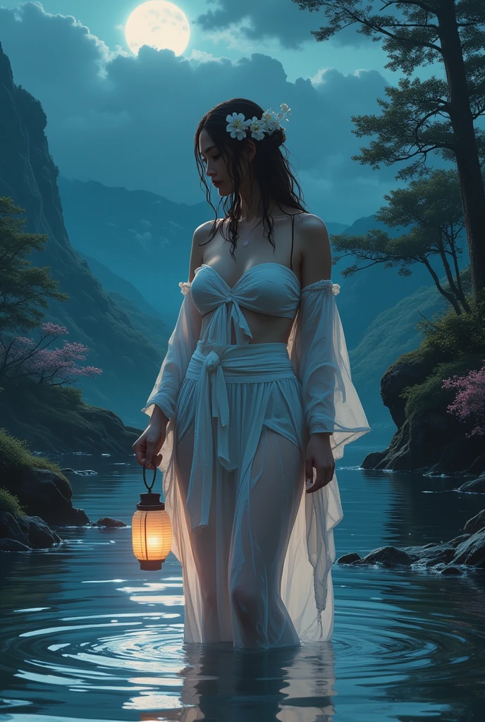 "Moonlit priestess, tropical oasis, magical pond, nocturnal mysteries, ethereal enchantment"