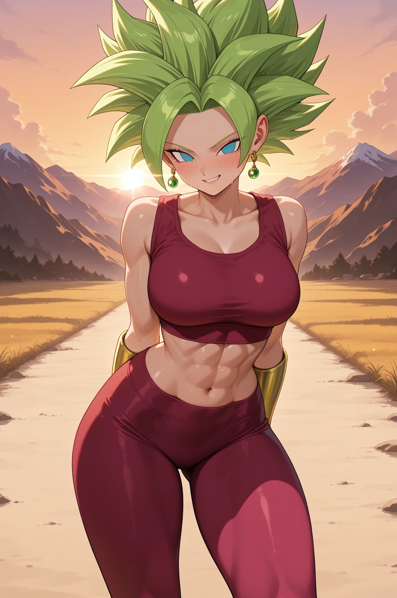 (highly detailed skin, detailedeyes:1.1), details Intricate, best qualityer, 8k hd, soft lighting, vegeta, Giant tits, Abdomen, (muscular girl), thick-thighs, big-ass, slightly wet, (female:1.2), pretty detailed eyes, ssmile, hair blonde, greeneyes, super saiyan, 比基尼, ( pretty), ( Aesthetics)