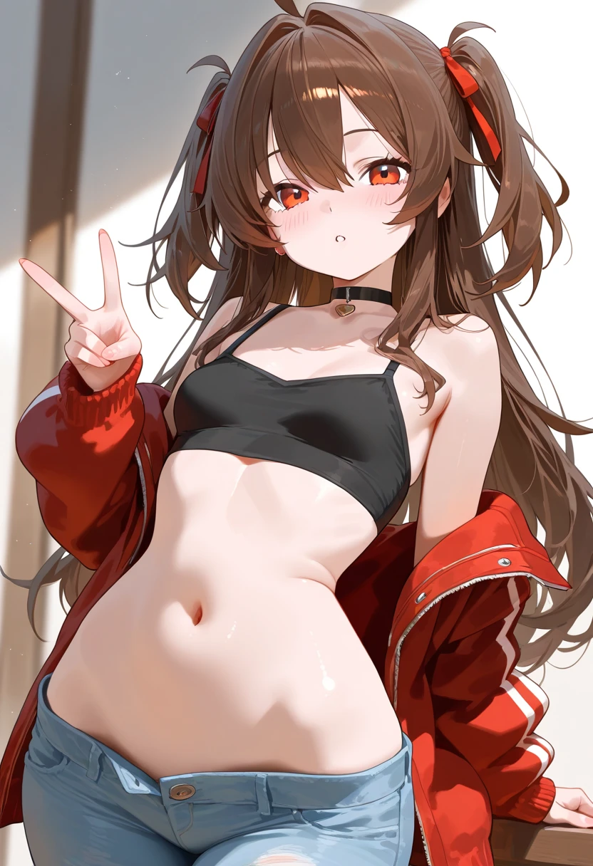 mega twintails, HuTaoV4, sorriso sexy, peitos medios, apalpando os peitos, sorriso sexy, (alta qualidade, 8k, obra prima, qualidade ultra, extremamente detalhado, bem colorido, no blurries, foco absoluto, impeccable quality), 1girl, highleg panties, hooded jacket, open jacket, hands, bikini, best quality, highly detailed