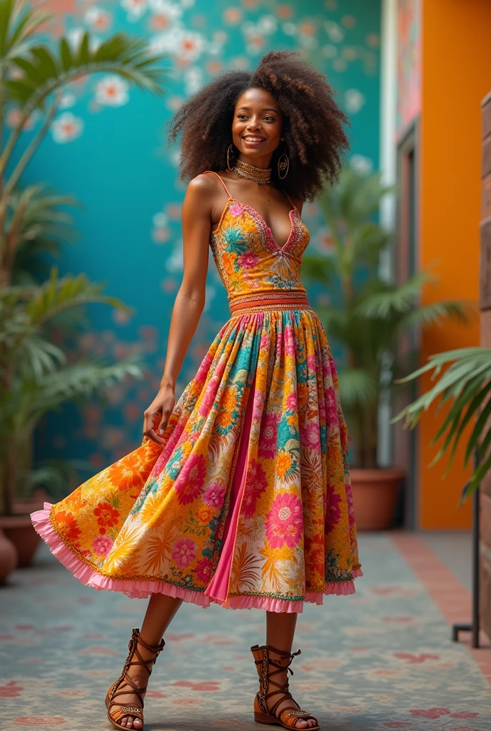Upskirt, wind blowing up dress, revealing lace thong lingerie, A full-body image of a 25-year-old Latina woman with voluminous curly hair, standing on a lively street with colorful buildings in the background. She is wearing a bright, patterned sundress with a vibrant mix of colors, such as red, yellow, and blue. The dress features a fitted bodice and a flowing skirt that moves as she walks. She accessorizes with a pair of large hoop earrings, a stack of bangles, and a woven handbag. Her look is lively, fun, and perfect for a summer day spent exploring a vibrant, bustling neighborhood.