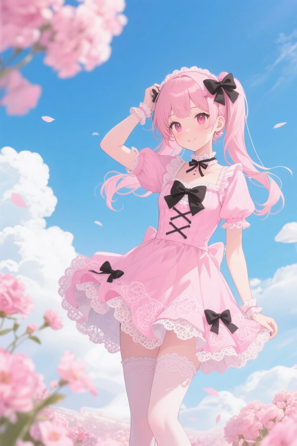 (8K, masutepiece, Highest Quality, Best Quality, Official art, Breathtaking beauty and aesthetics, highly detailed, best masterpiece in history that exceeds limits, Breathtaking and beautiful lighting:1.2), (1 Girl, Solo), (16 years old), (Beautiful detailed face), (shiny white skin), (Beautiful big bust, cleavage:1.5), (tights, high_gap, Beautiful detailed garter stockings), (Beautiful detailed pink twin tails hair, Bangs:1.3), (beautiful detailed drooping pink eyes:1.5), break, (Beautiful Sweet Lolita Idol Ensemble, sweet lolita-style black dress, adorned with black lace and black ribbon details, Puffy, knee-length skirt for a playful and girly look, Decorative black bows and lace trims for added black frilliness:1.3), (happy Beautiful Gentle cute innocent smile:1.2), (happy, Attractive, amazing, Beautiful, Elegant, Luxurious, magnifica, Eye-catching, Graceful, Everyone loves it, Healed, cute like an idol, Stylish like a fashion model, Goddess-like grace, Look at the camera, standing), breathtaking scenery, (ultra detailed realistic Breathtakingly beautiful spring flower field, colorful petals dancing for wind, blue butterfly, blue sky:1.3),