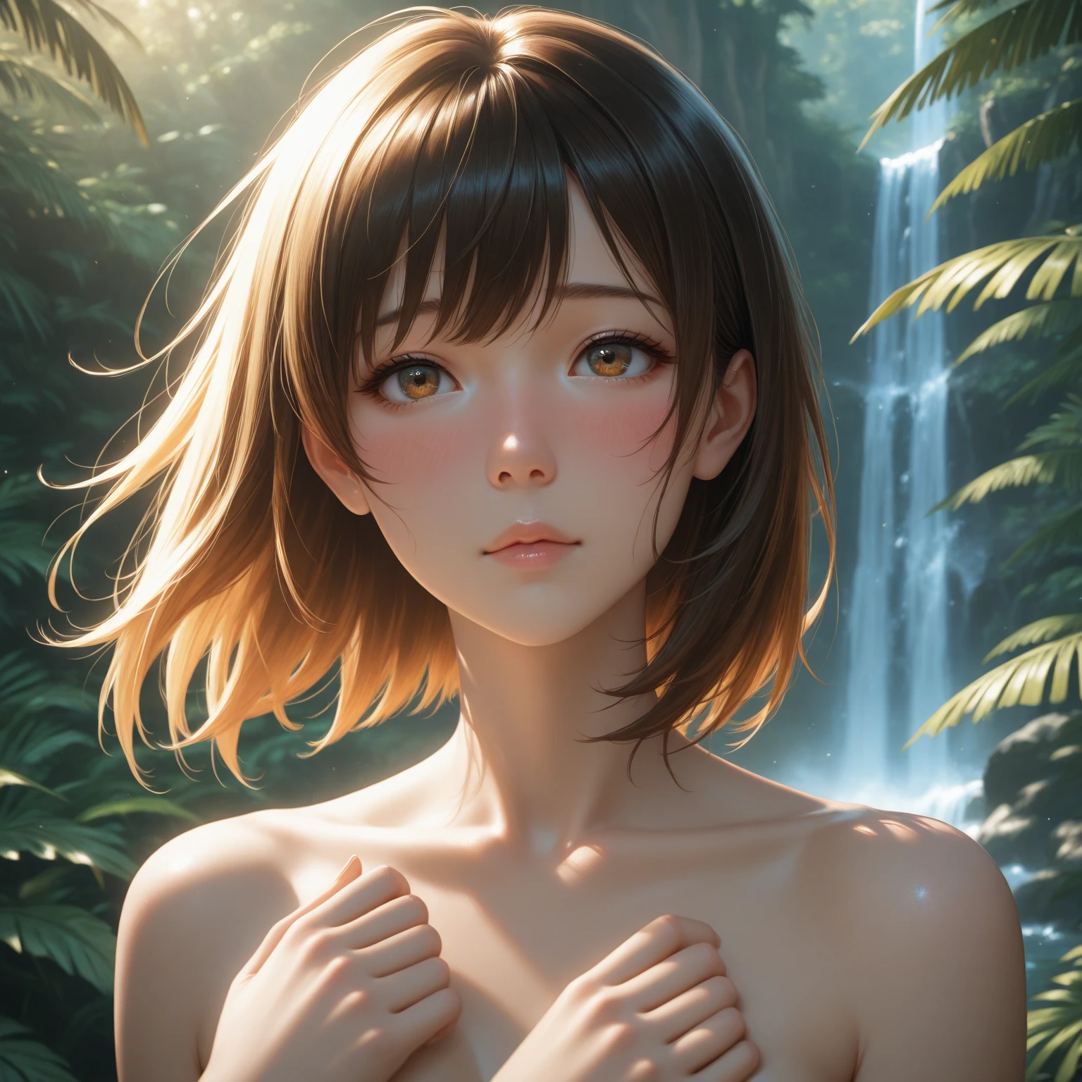 (masterpiece, highest quality:1.3)
Yuna FF10, One girl, alone, View Viewer, smile, short hair, blue eyes, ,Completely naked、All Nude、in the forest、lake、smile、On all fours、Upper body close-up、Hi-Hi Pose、Upper body close-up