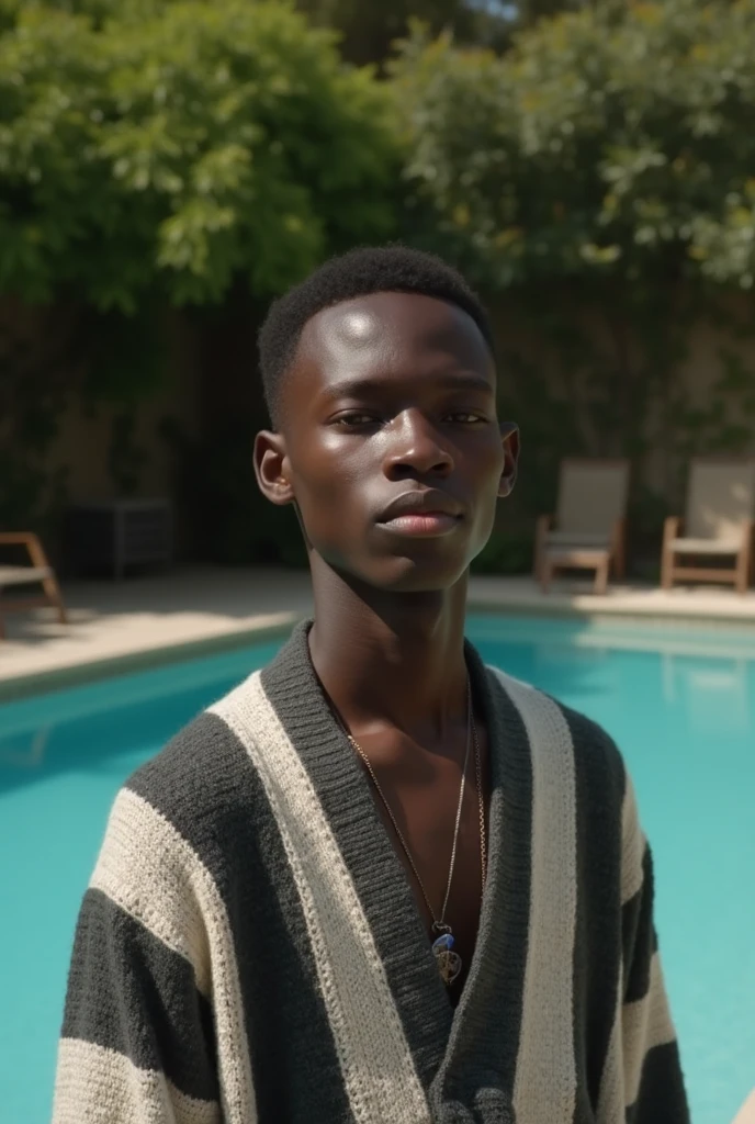 best qualityer:1.4), (ultra high resolution:1.2), (photorrealistic:1.4), (8k, CRU photo:1.2), a thin young man of 20 years old, skin black, with a smooth, beardless face, corte de cabelo buzzcut, He's wearing a black cap. It&#39;s inside the pool. thin build. Scrawny. pessoa magra. She has a seductive look at the camera 