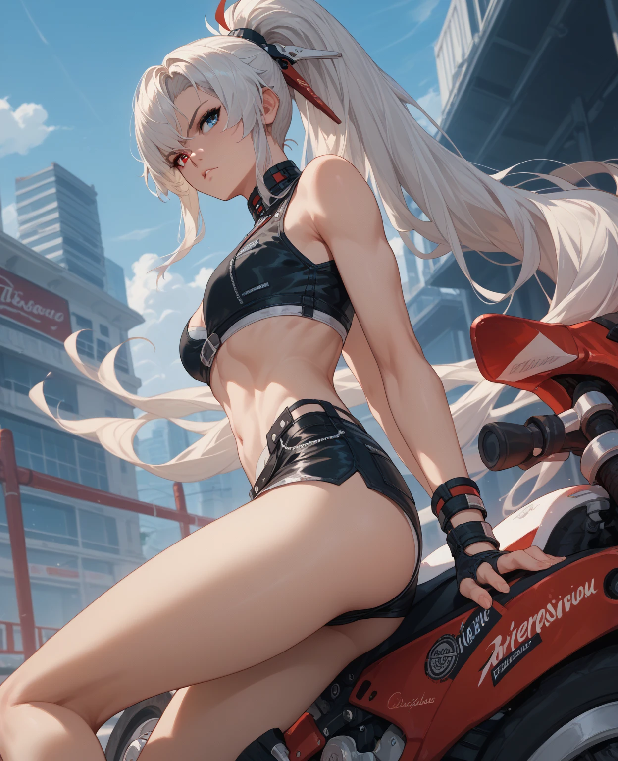 a close up of a person on a motorcycle with a devil's head, seductive anime girl, extremely detailed artgerm, perfect white haired girl, anime style 4 k, badass anime 8 k, ig model | artgerm, artgerm. anime illustration, tifa lockhart with white hair, artgerm style, guweiz, wearing bikini stringless top, denim shorts