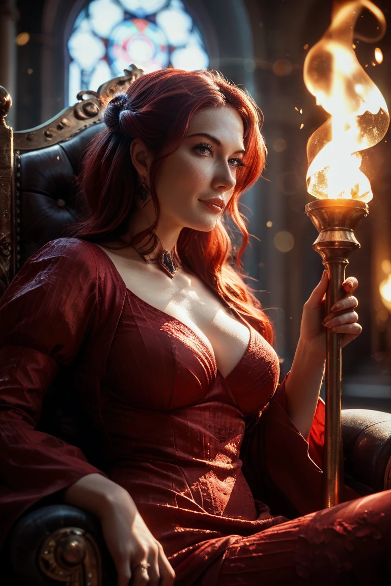 Create a realistic 8K image of a Redhead, blue-eyed gypsy with an average age of 35, United States. She is very beautiful, elegant, charming and attractive, with an intimidating posture, seductive and sensual, bulky busts. She is dressed in a set of red lingerie very seductive and attractive. Play tarot cards The setting includes mirrors in the background of the scenery, creating a mystical atmosphere with vibrant and striking colors. The scene should have an atmosphere of mystery and charm of an American luxury home, she needs to be sitting on a stylish carpet, ''have in your hands your cards lightly at the height of the breasts', your posture is straight and centered to the camera 'dslr'