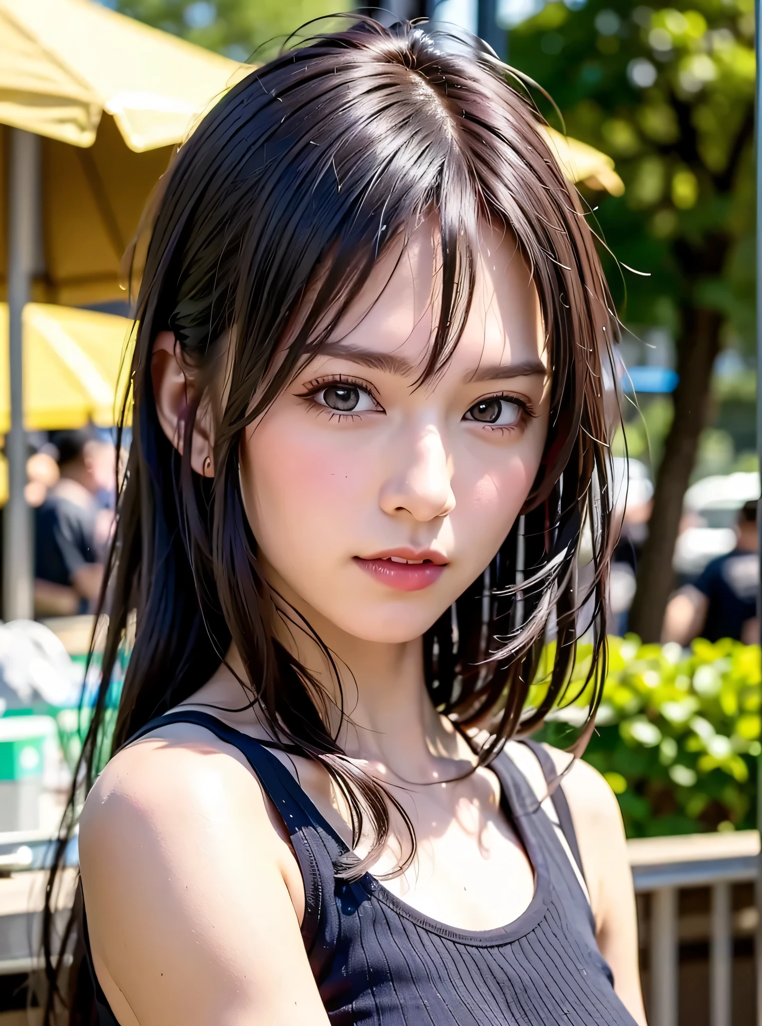 Best quality, masterpiece, ultra high res, (photorealistic:1.4), raw photo, 1girl, DARK hair, shiny skin, WET BODY, dramatic lighting, full body, bitch, micro bikini, huge breasts