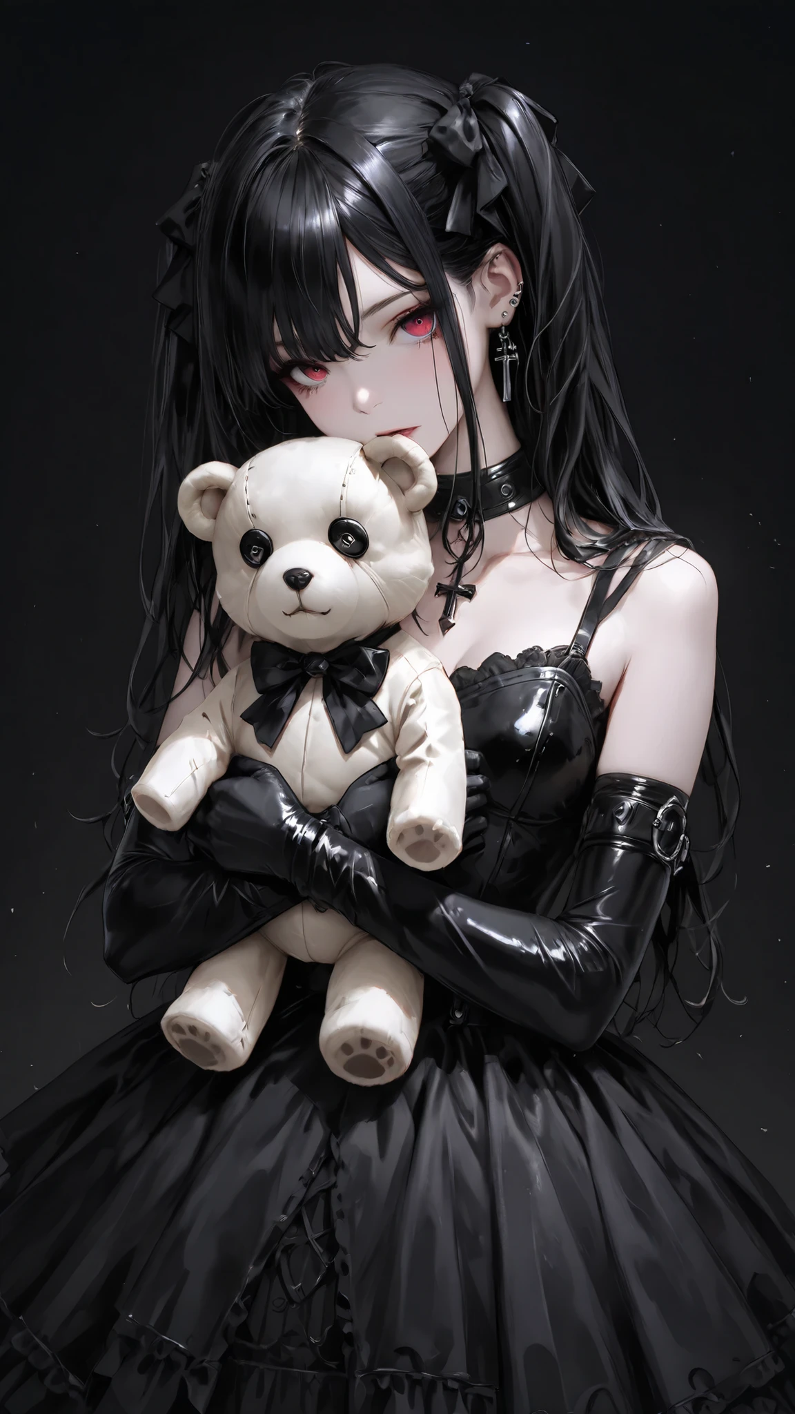 high res , masterpiece, anatomically, top quality, high res model, High Details, Anatomically anatomically, Norman Rockwell & Tim Burton style、Watercolor touch、 Edward Scissorhands、The black leather costume worn at the event、skinny, white-skinned man 、Alone, dark background 、 fantasy shot by Nikon Z7 II mirrorless camera、 horror、 darkness、Gothic、A girl is playing with a stuffed animal,