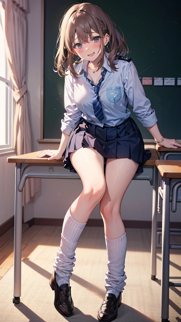 hour々Arya-san next to me is whispering in Russian、Russian women、high school girl、Sailor suit、mini skirt、Knee-high socks、Silver Hair、At the back of a Japanese high school classroom、Take a seat、smile