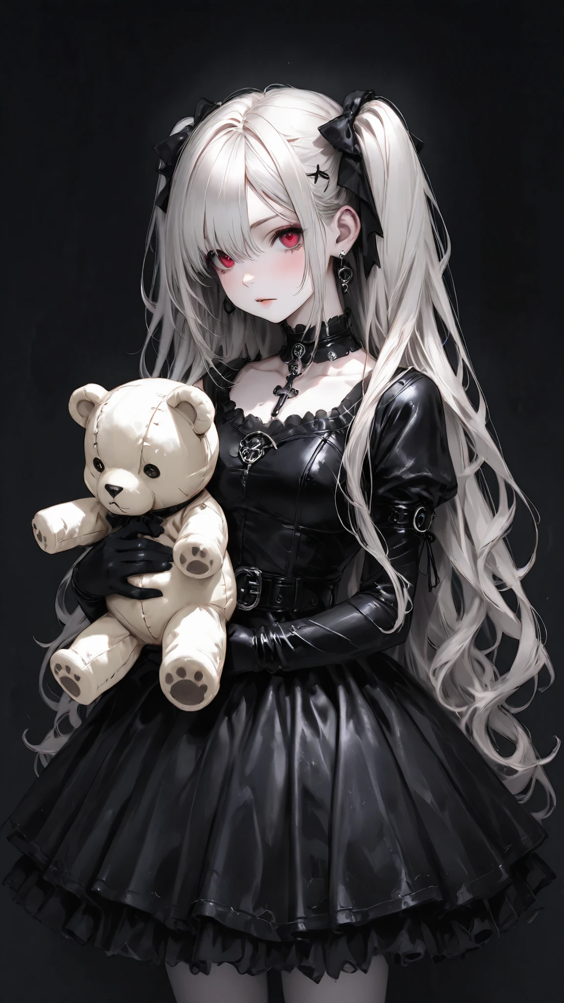 high res , masterpiece, anatomically, top quality, high res model, High Details, Anatomically anatomically, Norman Rockwell & Tim Burton style、Watercolor touch、 Edward Scissorhands、The black leather costume worn at the event、skinny, white-skinned man 、Alone, dark background 、 fantasy shot by Nikon Z7 II mirrorless camera、 horror、 darkness、Gothic、A girl is playing with a stuffed animal,