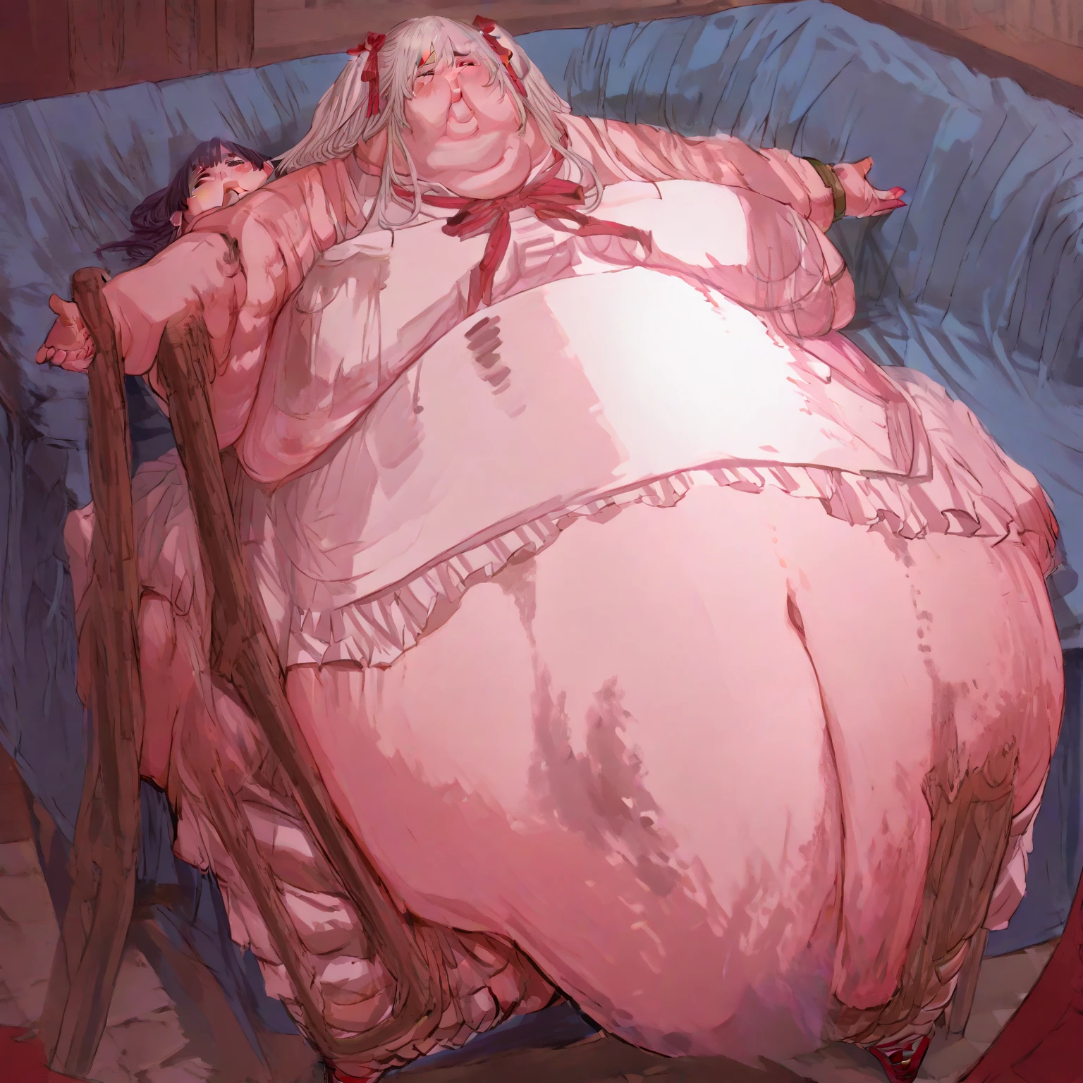 Anime. Owari no Seraph. 1 Girl. Darling. A vampire. Clumsy ancestress. USSBBW. Slave. Disabled person. Silver hair. Wavy hair. Long hair. Red eyes. Beautiful eyes. Perfect eyes. Expressive eyes. Ideal face. Very swollen fat body. The body is a mountain of fat. My legs were very swollen with fat. Beautiful nose. 18 years. Weight 350 kg. The big fat belly hangs almost to the floor. Big breasts. Sits in a wheelchair. Full height. Beautiful character design. Shiny skin. Pointy ears. Slave collar. Shackles. Dirty tunic from Owari no Seraph. Torn tunic from Owari no Seraph. She wears a diaper. Dirty diaper. A room in an abandoned vampire castle. Whole body. NFS. Official art. Extremely detailed CG Unity 8k wallpaper. Ideal lighting. Ultra high resolution 4K. Super detailed 8K. A high resolution.