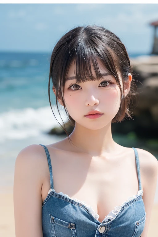 One Girl，(1人のとてもcute女の子:1.3)，masterpiece，Highest quality，High resolution，Photorealistic，RAW Photos，Ray Tracing，beautiful girl，(15 years old:1.3)，cute，Big eyes，(detailed pupils:1.2)，(The face is facing straight ahead:1.3)，Body facing forward，Beautiful nose，Fuller lips，Short black hair，ponytail，short hair，Detailed eyelashes，Thin eyebrows，Very fine grain definition，(Symmetrical eyes:1.3)，(Face close-up，Face Focus:1.0)，Small breasts，Short neck，White swimsuit，White Bikini，The background is the sea，Southern Island，Blue sky，White cloud，Portrait，View Viewer，Upper Body，Cinema Lighting，High resolution，Very detailed