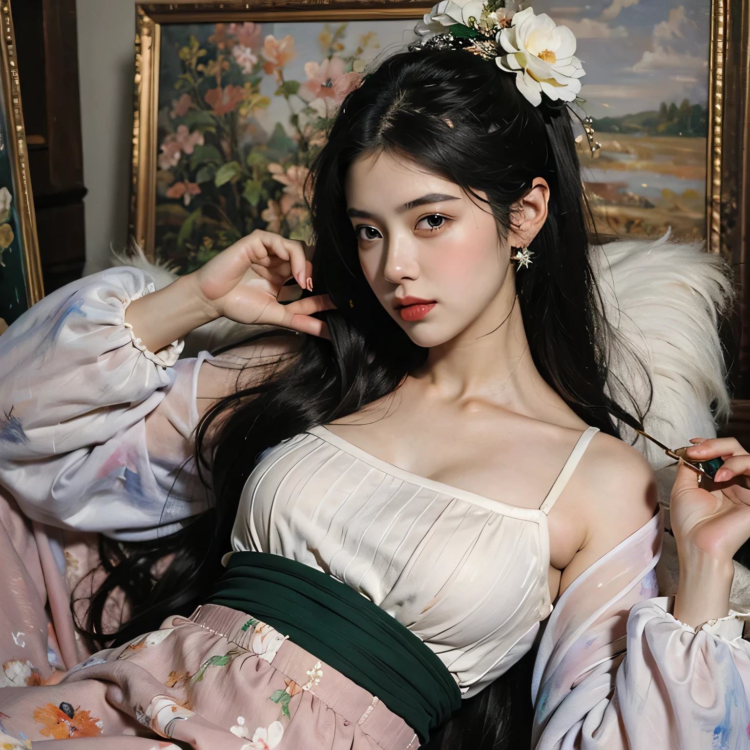 (((masterpiece))), (((best quality: 1.4))), ((Very detailed: 1.4)) , ((real:1.4)), A girl,(Bright Lights,Romantic atmosphere),Fantasy Background,,Black Hair, enchanting, , soft skin, enchantingな美しさ, art portrait, High-quality images, Vibrant colors,Pink Floral Long Sheer Skirt, mosquito net, Romantic bedroom, Side suspension,solo,Blindfolded,