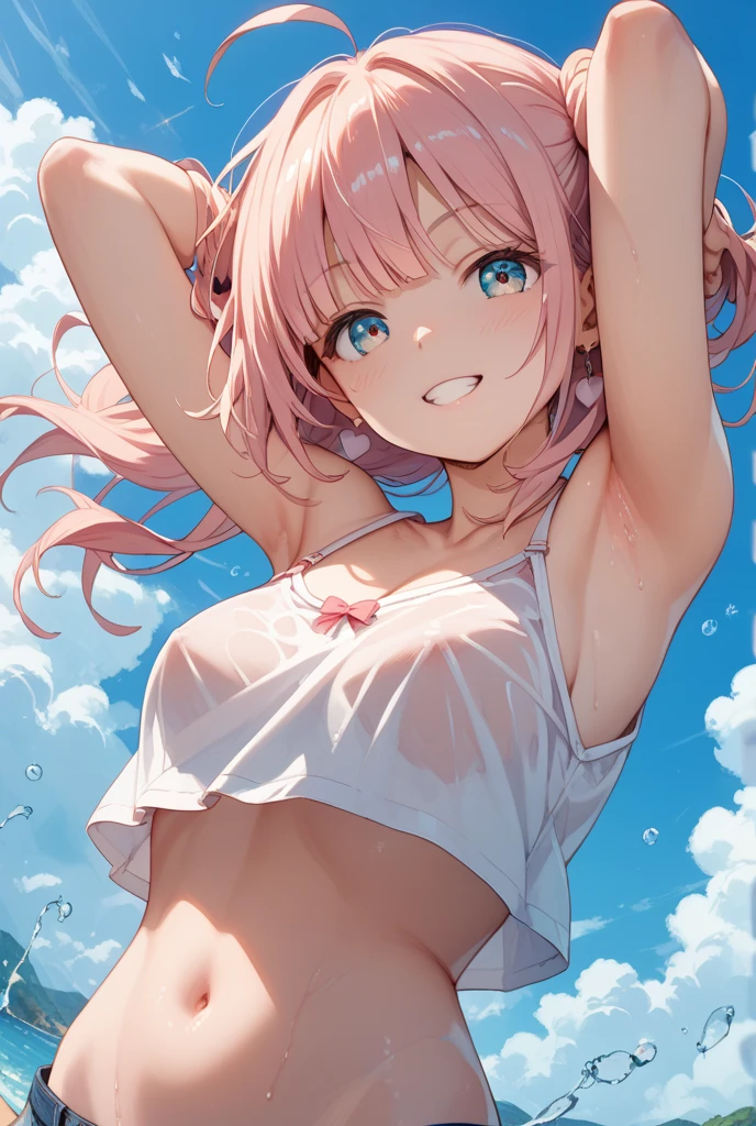 Best quality, tmasterpiece, Incredibly beautiful, very elaborate 8K wallpaper, otherworldly beautiful girl, , (White skin of the), (blonde hair pink gradient hair), Side pony, intermittently, Open your mouth and laugh, Long eyelashes, cosmetics, One eye open, (zoomout, bigger, BigREAK, 夏天, Beachy, (比基尼), Reflection in the water, (Floating water drops blur foreground), (blue-sky), lens flare glow, (water splash), rays of sunshine,swimming uniform,